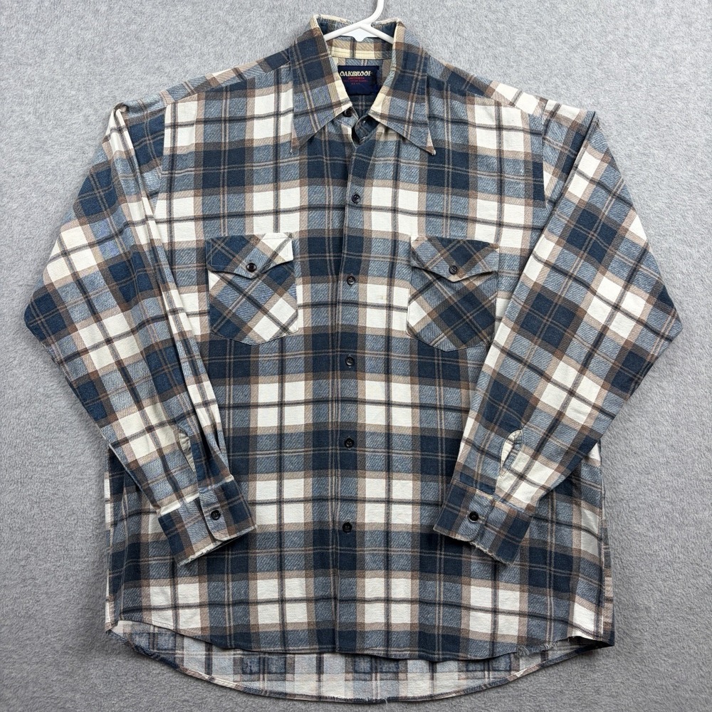 Vintage 80s Flannel Shirt Mens Large Printed Plaid Repaired Sanforized Button Up